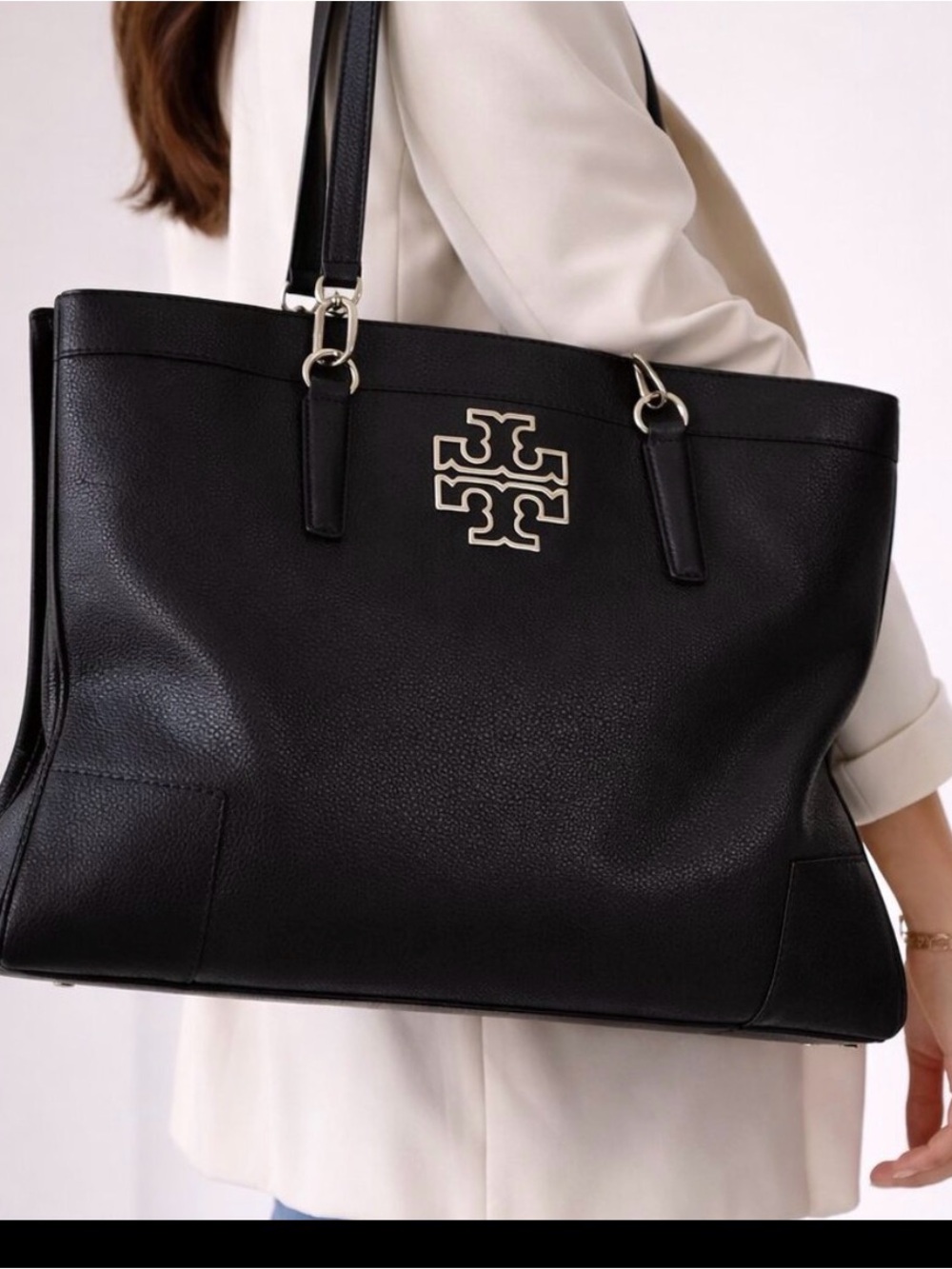 Tory Burch Black Leather Tote with Gold Logo Accent - Picture 2 of 7